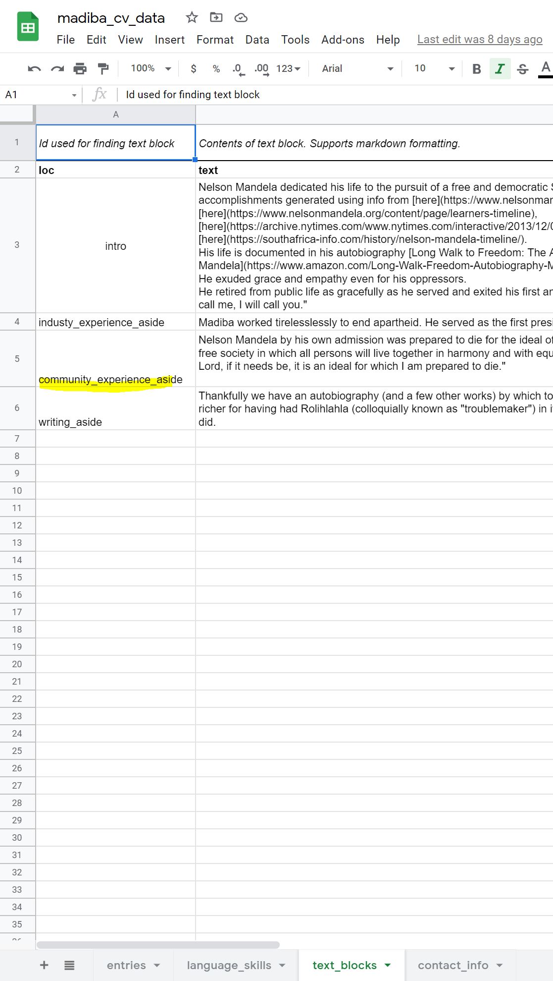 my text_blocks sheet of the Google Sheets is shown with the community_experience_aside highlighted
