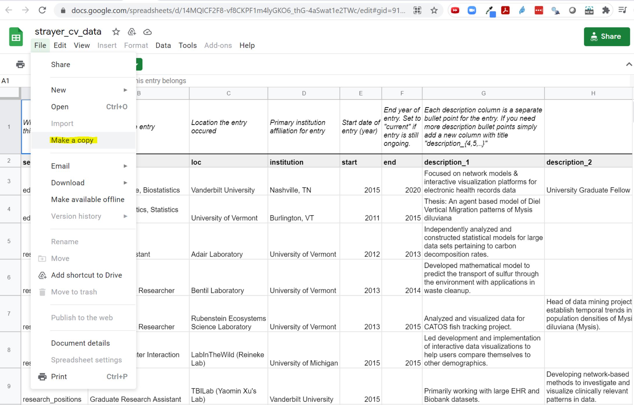 Make a copy of Nicholas Strayer's google sheet containing his resume data