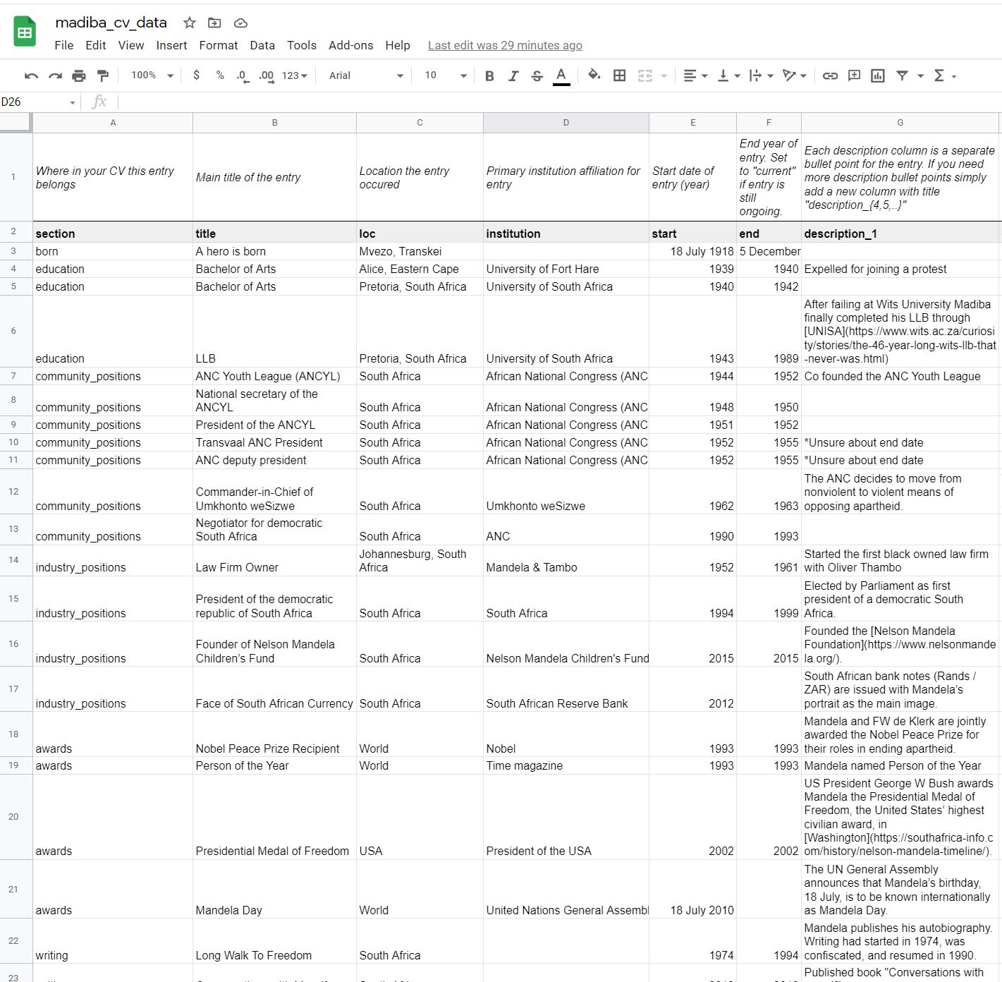 the altered entries sheet of the google sheet is shown with new sections, removed sections and amended sections