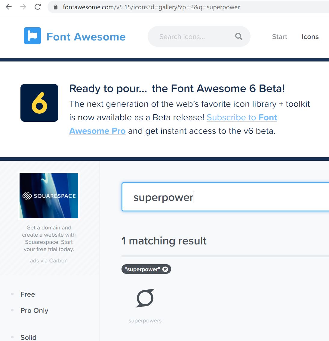 fontawesome.com can be used to search for new icons to use in the CV, here the search is for 'superpower'